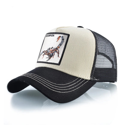 Unisex-trucker-kasket med broderet skorpion-patch, baseballkasket til mænd, snapback-hiphop-kasket til kvinder, udendørs kasket med visir i åndbart materiale