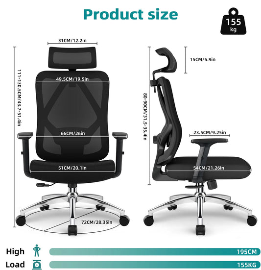 Fauteuil de bureau ergonomique Daccormax avec soutien lombaire 3D, fauteuil de bureau en maille, appui-tête réglable, fauteuil d'ordinateur pivotant et inclinable pour le bureau à domicile