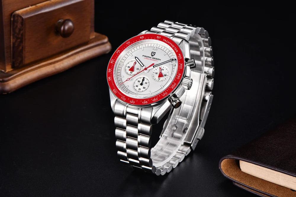 Montre pour homme PAGANI DESIGN « New Moon » – Montre à quartz de luxe, chronographe, verre saphir avec traitement antireflet, lunette en céramique, aiguilles luminescentes
