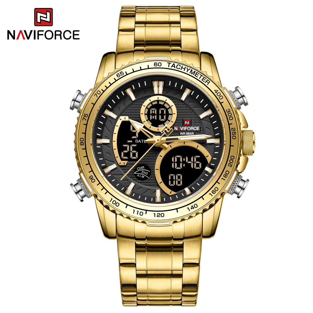 Relógio desportivo para homem NAVIFORCE – Relógio de pulso de luxo original em aço inoxidável, modelo militar estanque com duplo visor