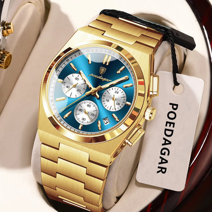 Montre pour homme POEDAGAR – Chronographe de luxe en acier inoxydable, avec date, étanche et luminescente – Montre-bracelet sportive à quartz