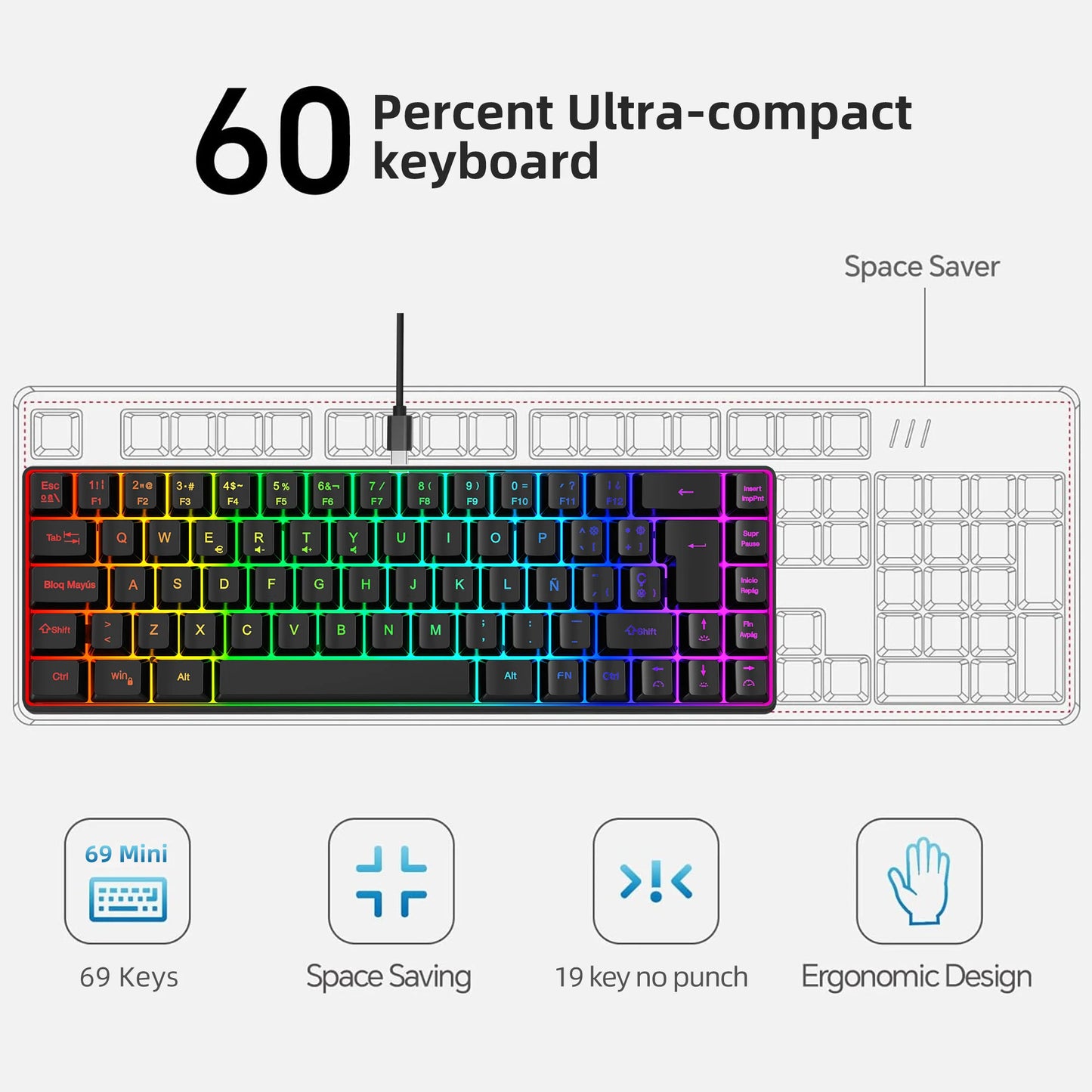 ¡Oferta destacada! Teclado gaming con cable de 69 teclas en español, retroiluminación RGB, diseño compacto al 68%, un accesorio imprescindible para profesionales de oficina y gamers