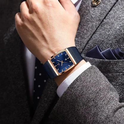 Relógio de homem POEDAGAR, modelo de luxo, bracelete em malha de aço inoxidável, indicador de data, resistente à água, ponteiros luminescentes, estilo descontraído, caixa retangular, movimento de quartzo.