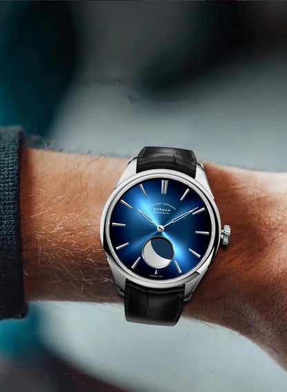 BORMAN 41.5mm 5ATM Waterproof Mechanical Watches Moon Phase Luxury Designer Men Dress Automatic Wristwatch