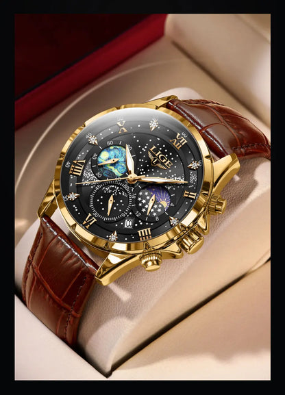 Relógio para homem LIGE – Relógio de quartzo de luxo, estilo descontraído, bracelete em pele, ideal para o trabalho ou para a prática desportiva, resistente à água, com data e cronógrafo.