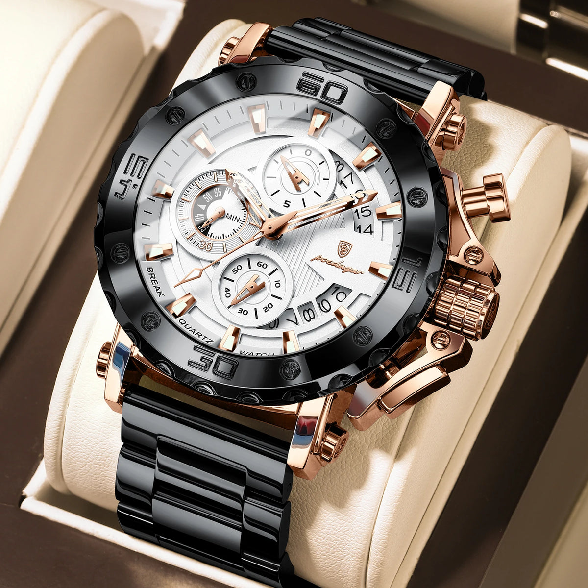 Orologio da uomo di lusso POEDAGAR, luminescente, impermeabile, cronografo, datario, acciaio inossidabile, al quarzo, Reloj
