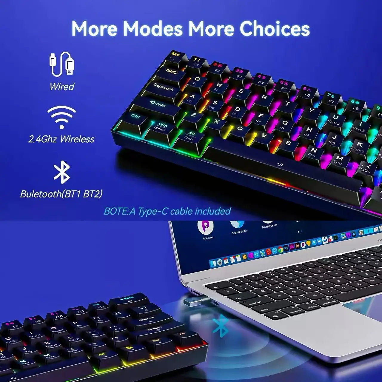 Mini 61Key Wireless Tri-mode Keyboard Bluetooth RGB Backlight Silent Mechanical Feel Portable Film Keyboard For Game Office Home