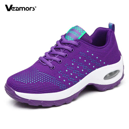 Fashion Women's Lightweight Sneakers Running Outdoor Sports Breathable Mesh Comfortable Air Cushion Lace-Up Shoes