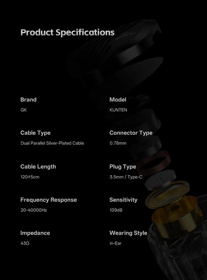 GK KUNTEN Earphones New Generation Dynamic Driver Unite Headests Hifi Music Earbuds DJ Headphones