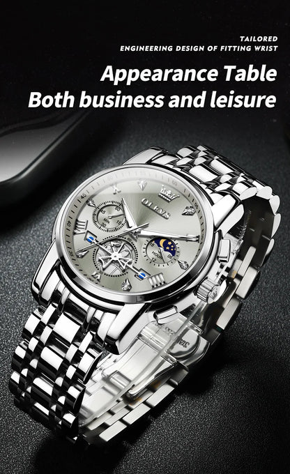OLEVS Men's Watches Classic Multifunctional Flywheel Chronograph Original Quartz Wristwatch Moon Phase 24 Hour Waterproof Watch