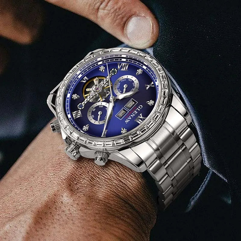 Relógio mecânico multifunções GLENAW – Modelo para homem, estilo empresarial e casual, bracelete em aço inoxidável, estanque, com calendário – Relógio de luxo