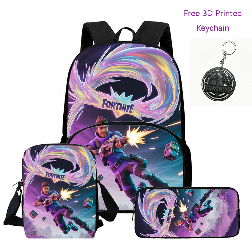 FORTNITE 3-Piece Lightweight Backpack Set with Front Pocket, Crossbody Bag & Pencil Case for Ages 5-10 Boys and Girls, Includes Free 3D Printed Keychain