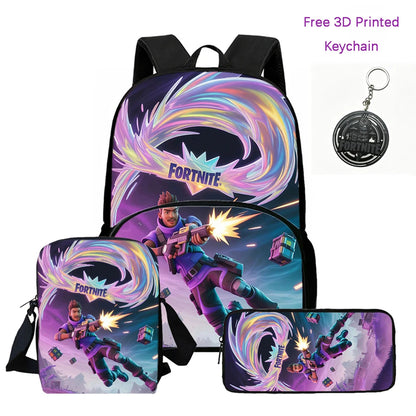 FORTNITE 3-Piece Lightweight Backpack Set with Front Pocket, Crossbody Bag & Pencil Case for Ages 5-10 Boys and Girls, Includes Free 3D Printed Keychain