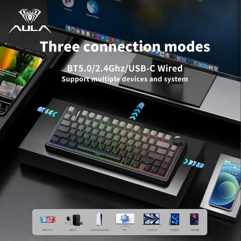 AULA F75 Game Mechanical Keyboard RGB Light 2.4G /BT5.0/Wired Tri-Mode Gasket Structure 75% Customized Gradient Grey Keyboard