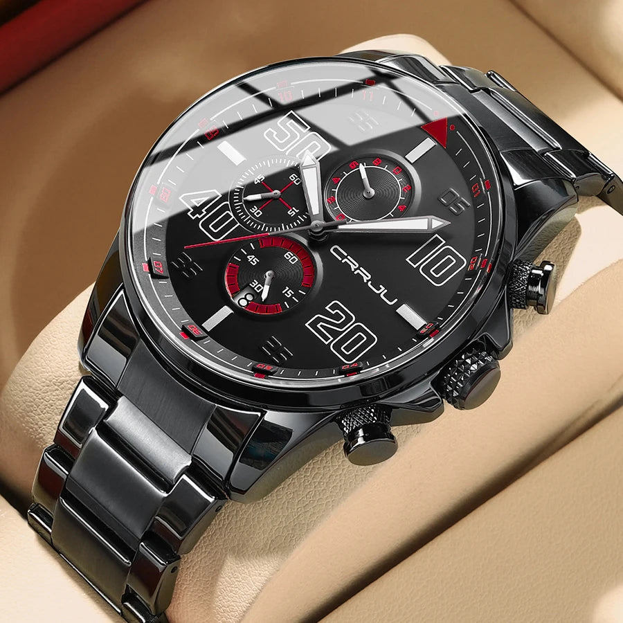 Montre pour homme CRRJU – Chronographe de luxe, grand cadran, acier inoxydable, étanche, avec affichage de la date
