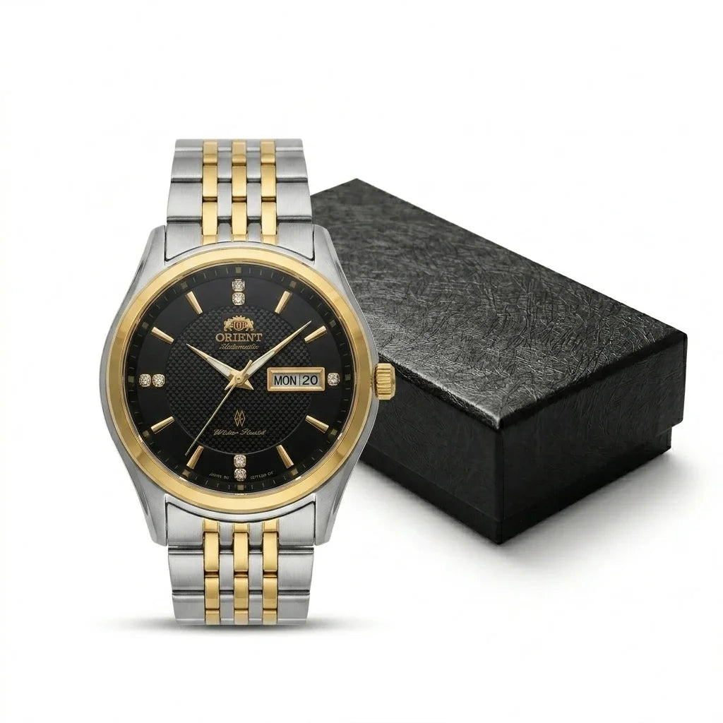Orient mekanisk automatisk herreur med dobbelt kalender (dato og ugedag), krystalindekser og armbånd i rustfrit stål – Armbåndsur i professionel stil
