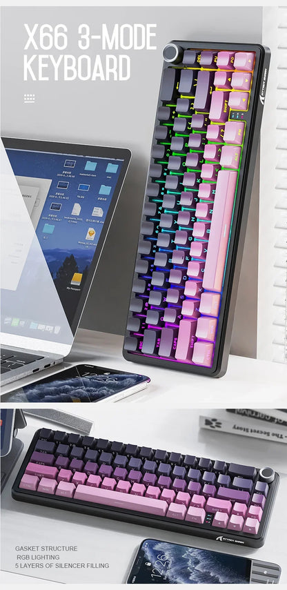 Teclado mecánico inalámbrico Attack Shark X66 con diseño compacto 65%, retroiluminación RGB, montaje gasket, hot swap, Bluetooth, USB-C, PBT y batería de gran capacidad