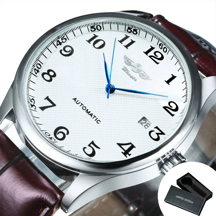 WINNER herreur – Klassisk, retro og elegant stil – Mekanisk automatisk ur med kalender – Luksusmærke, stålurkasse og læderrem