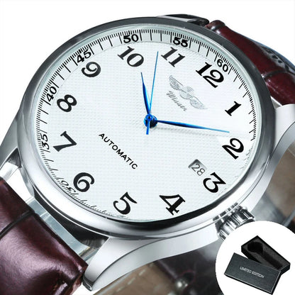 WINNER herreur – Klassisk, retro og elegant stil – Mekanisk automatisk ur med kalender – Luksusmærke, stålurkasse og læderrem