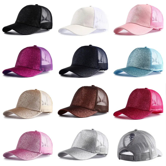 2023 New Summer Glitter High Ponytail Baseball Cap Female Snapback Hat Casual Black White Pink Mesh Trucker Caps for Women Gorra