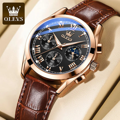 Montre à quartz pour homme OLEVS 2871 – Modèle de grande marque, étanche, style business, avec affichage des phases de lune, aiguilles luminescentes et bracelet en cuir.