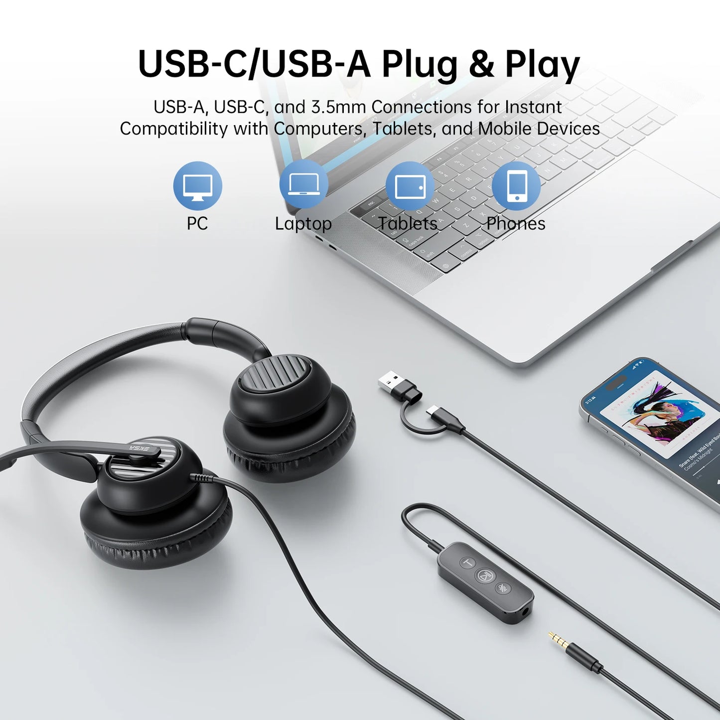 EKSA H8 Office Headset with Noise Cancelling Microphone USB/Type C/3.5mm Wired ENC Headphones for PC/Phone Mute/Teams Button