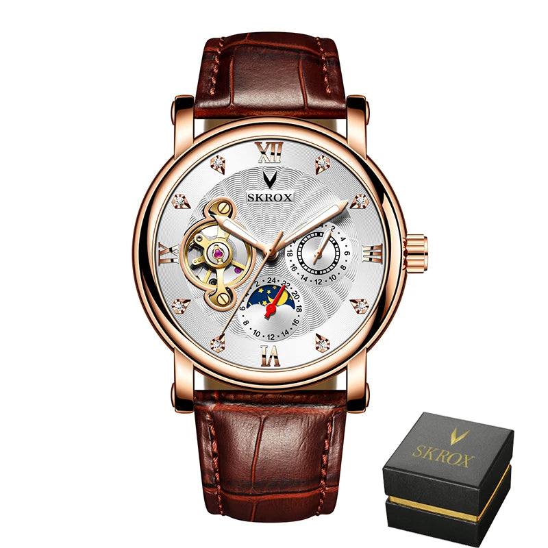Orologio da polso meccanico automatico di lusso da uomo, firmato da un grande marchio, dotato di tourbillon, fase lunare e diamanti: un elegante orologio da polso.