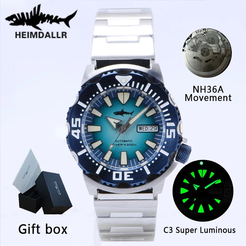 HEIMDALLR V2 Monster Men's Automatic Diver Watch Sapphire Crystal 20Bar Waterproof NH36A Snowflake Blue Dial Mechanical Watches