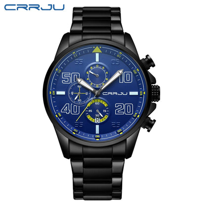 Montre pour homme CRRJU – Chronographe de luxe, grand cadran, acier inoxydable, étanche, avec affichage de la date