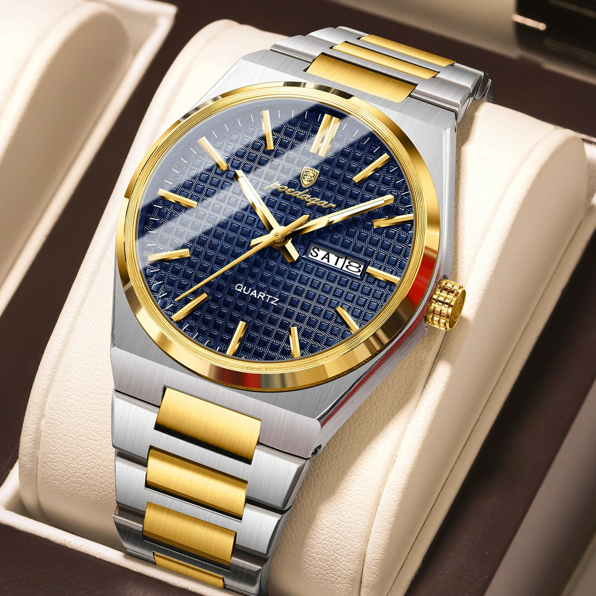 Orologio da polso di lusso da uomo POEDAGAR, impermeabile, luminescente, in acciaio inossidabile, con data e giorno della settimana, al quarzo, stile business.