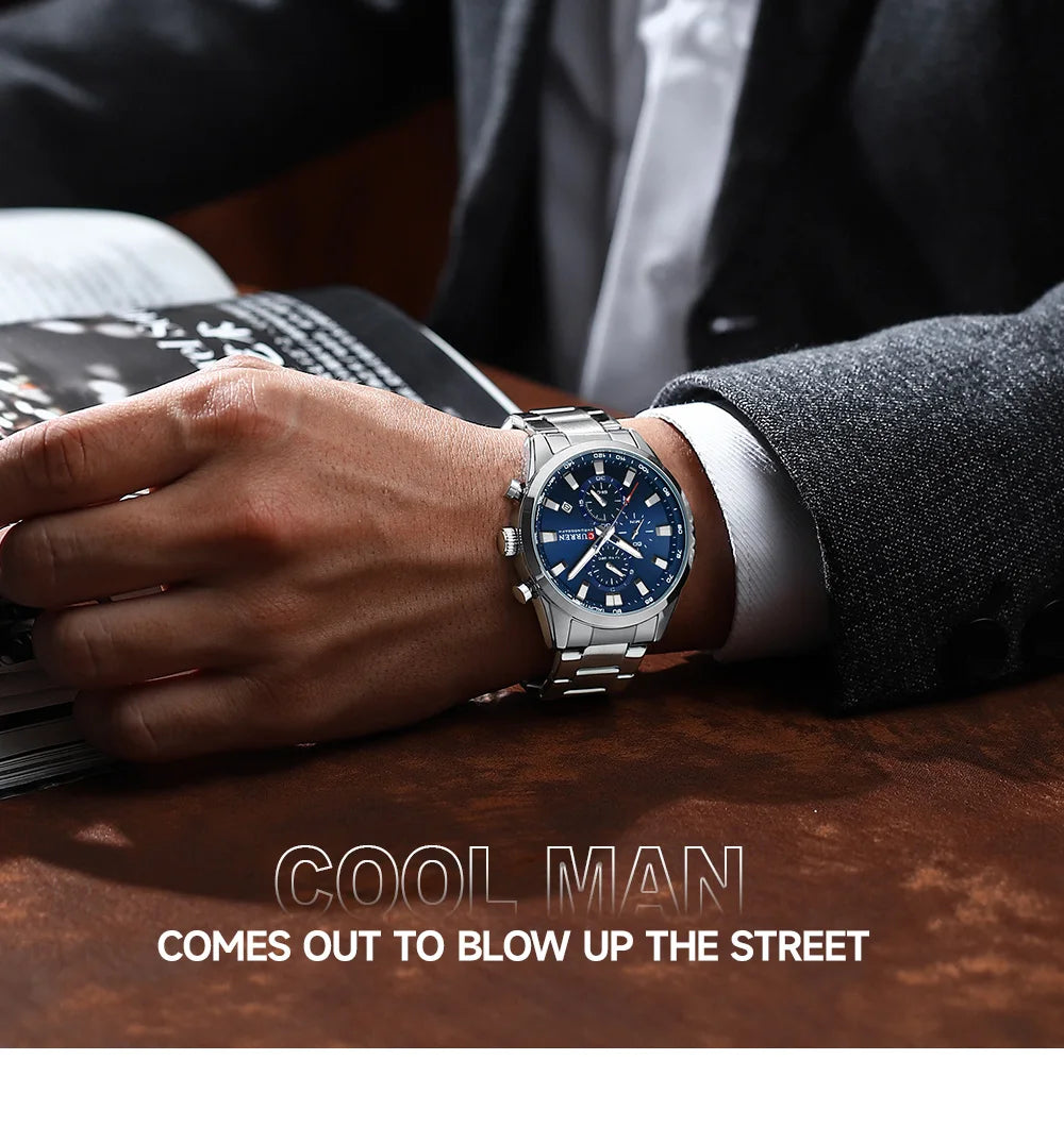 CURREN Quartz Chrono Sport Watch Brands for Men - Stainless Steel Bracelet and Multifunctional Dial