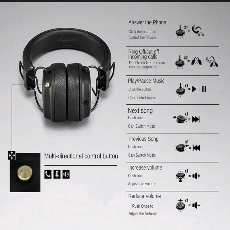 Marshall MAJOR III Bluetooth Wireless Headphones Earphones Deep Bass Foldable Sport Gaming Rock Headset Reduction Microphone
