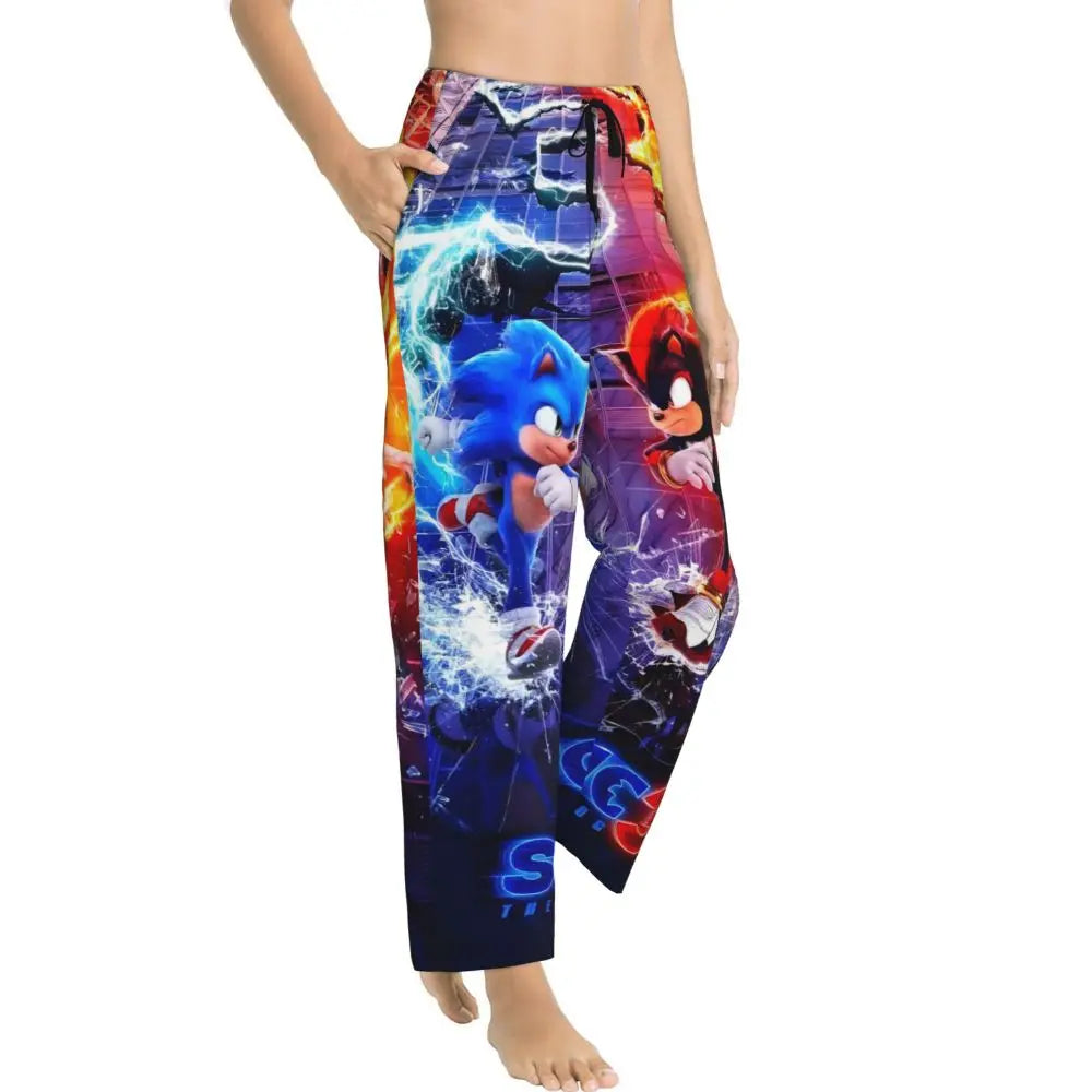 Custom Women Soniced Pajama Pants Printed Hedgehog Game Sleep Sleepwear Bottoms with Pockets