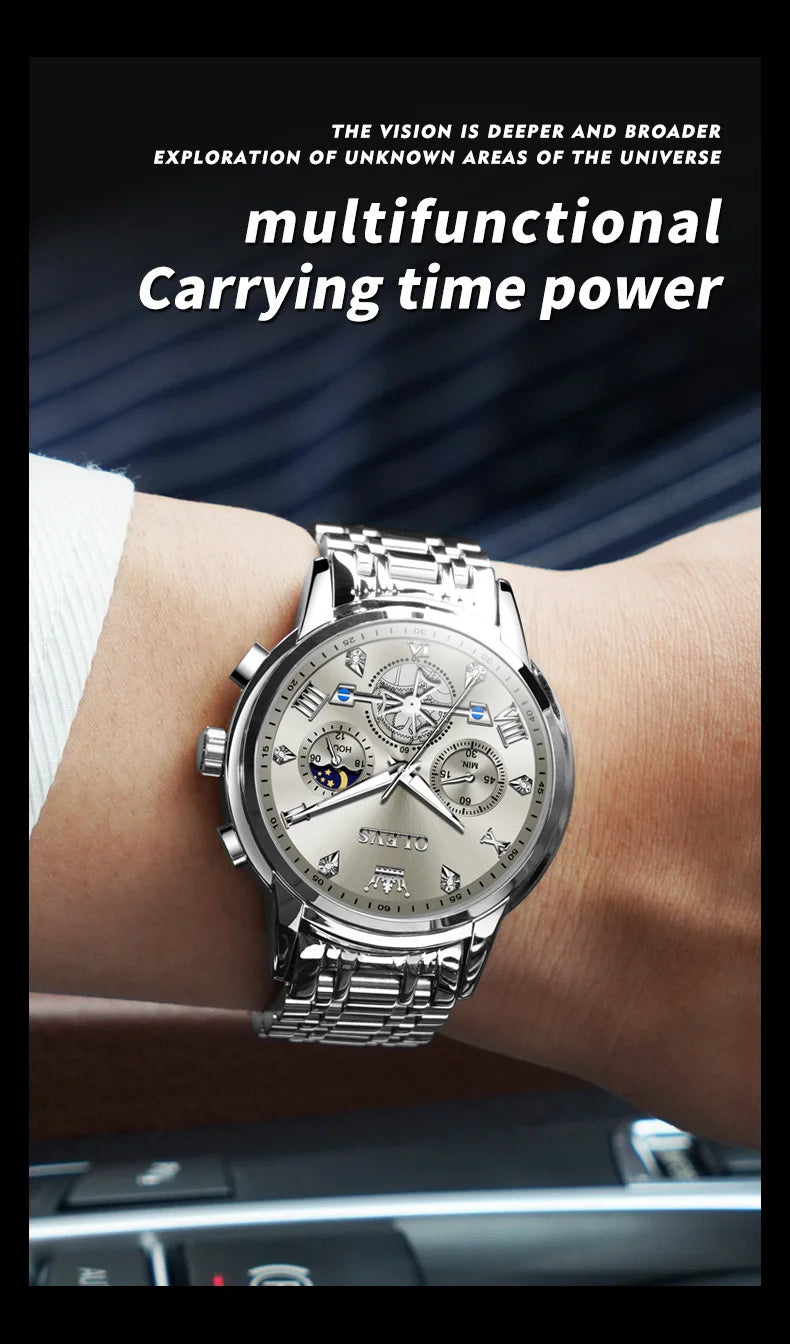OLEVS Men's Watches Classic Multifunctional Flywheel Chronograph Original Quartz Wristwatch Moon Phase 24 Hour Waterproof Watch