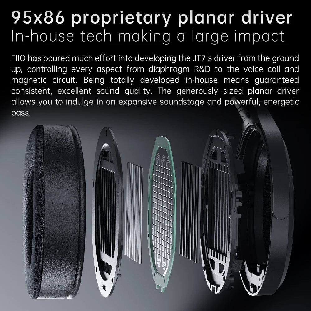 FiiO JT7 Over-Ear Planar Magnetic Audiophile Headphones 95x86mm Planar Driver Design Adjustable Headband 4.4mm/3.5mm Cable
