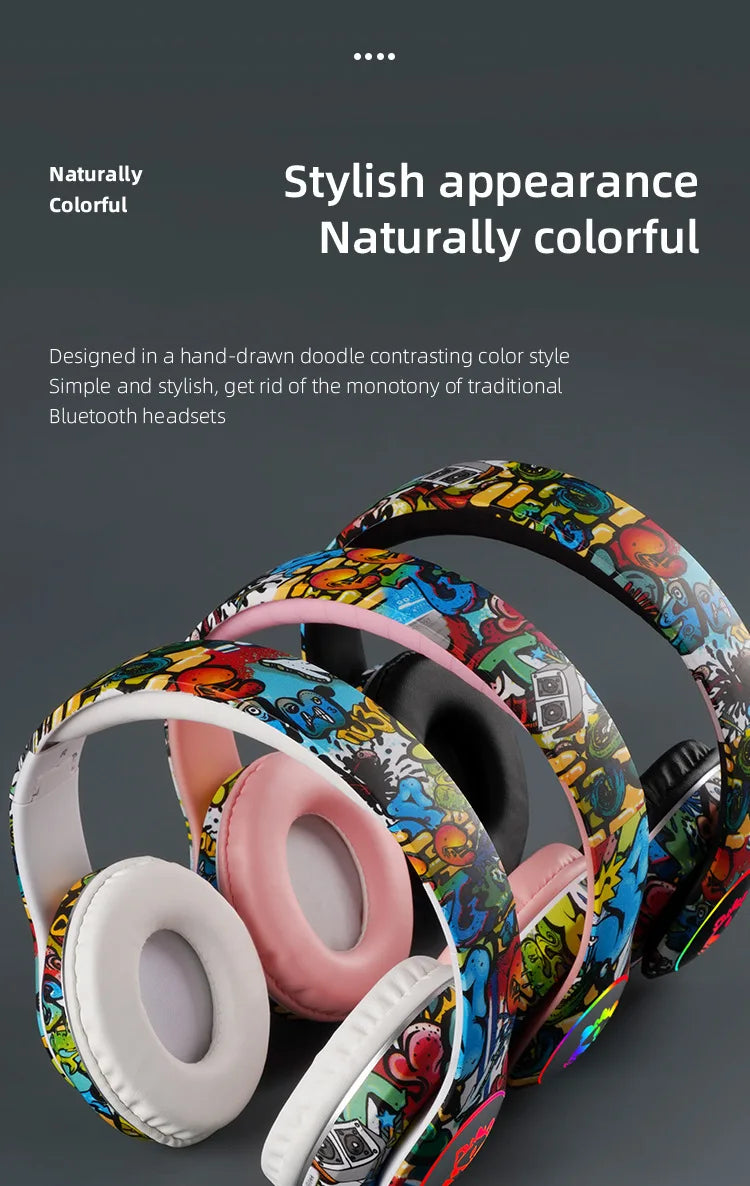 New Graffiti Wireless Overhead Headset with Mic LED Light LX-8686 High Quality TF Card Bluetooth Headphones for PC Gaming Child