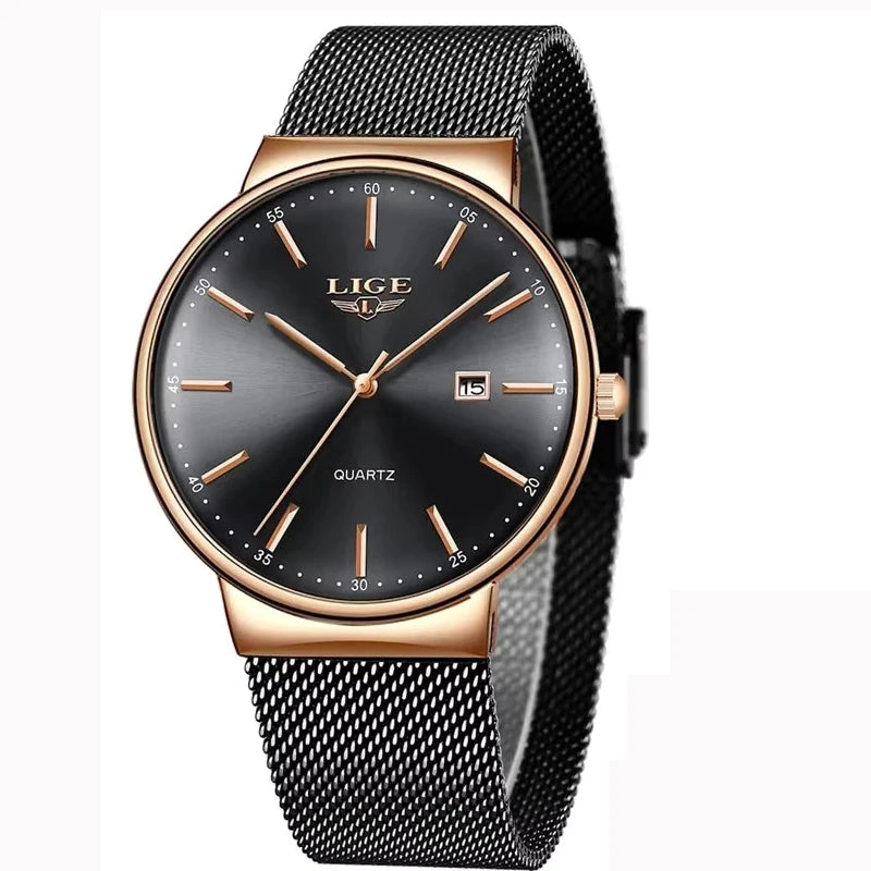 LIGE herreur, elegant og luksuriøst model, ultratyndt, vandtæt, med ledarmbånd, kvartsurværk, dato- og kalendervisning – ideelt til en professionel stil.