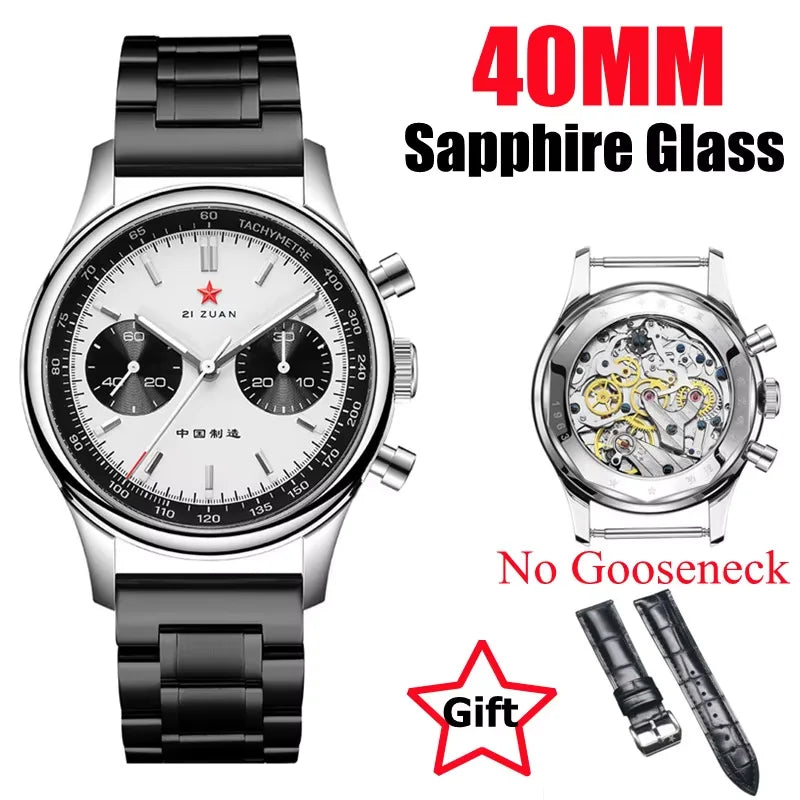 Red Star Panda Mens 1963 Chronograph Mechanical Wristwatch Seagull st1901 Movement Gooseneck 40mm Luminous Sapphire Pilot Watch