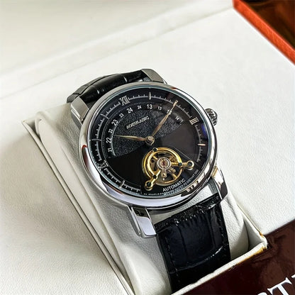 Relógio mecânico automático para homem – Design elegante com aberturas, estilo «business casual» na moda, caixa em liga e bracelete em pele, sem pilha