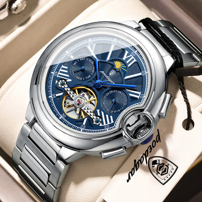 POEDAGAR luksusur til mænd – Mekanisk automatisk model med dato- og ugedagsvisning, læderrem, tourbillon, vandtæt, elegant og professionelt design.