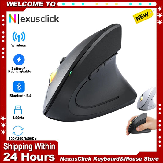 2.4G Bluetooth Wireless Vertical Mouse Rechargeable Ergonomic 1600DPI Adjustable Gaming Mouse 6Buttons for Laptop PC Computer
