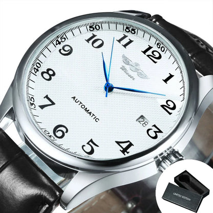 WINNER herreur – Klassisk, retro og elegant stil – Mekanisk automatisk ur med kalender – Luksusmærke, stålurkasse og læderrem