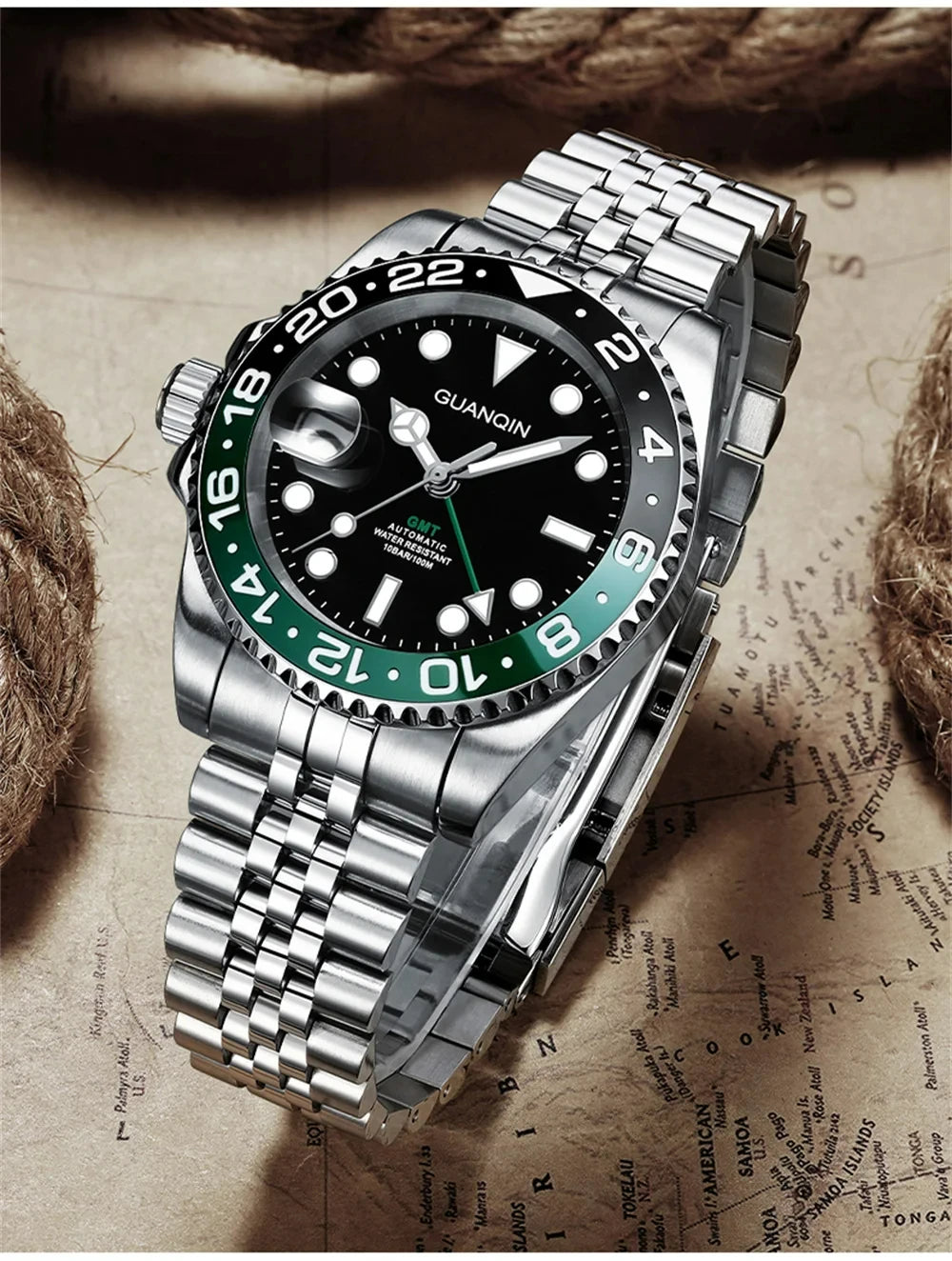 Orologio da uomo GUANQIN GMT 2025, nuovo orologio automatico da uomo NH34, meccanico da polso, vetro zaffiro, acciaio inox, per mancini