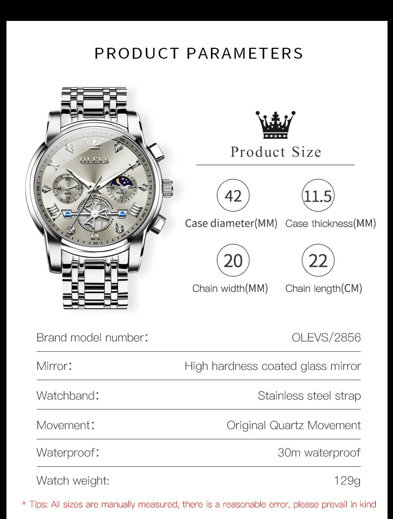 OLEVS Men's Watches Classic Multifunctional Flywheel Chronograph Original Quartz Wristwatch Moon Phase 24 Hour Waterproof Watch