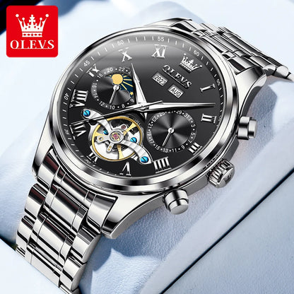 OLEVS 7005 Classic Business Mechanical Wristwatch for Men Skeleton Flywheel 24 Hour Moon Phase Calendar Luxury Men's Watch