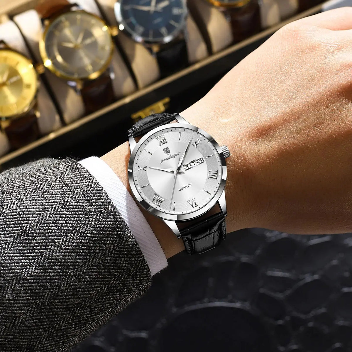Relógio de homem na moda POEDAGAR, bracelete em pele, data e dia da semana, relógio de quartzo de luxo, estanque, luminoso, estilo business descontraído.