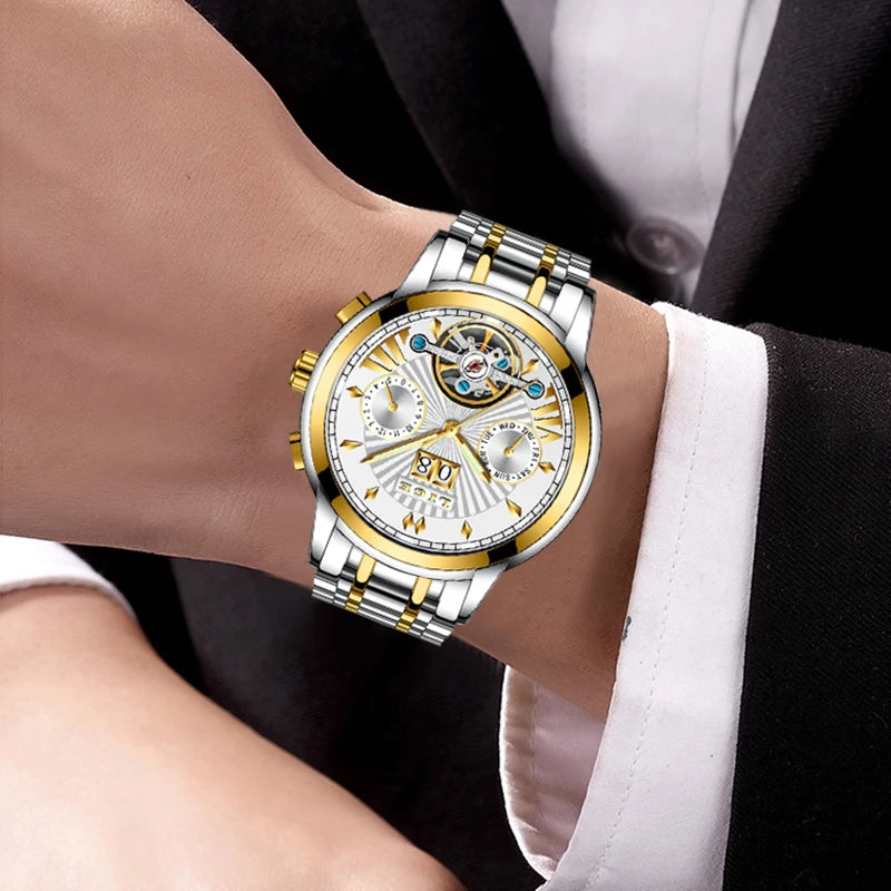 LIGE mekaniske automatiske armbåndsure til mænd – Luksuriøst ur i topklasse med tourbillon, elegant og vandtæt model, ideelt til arbejde eller formelle lejligheder.