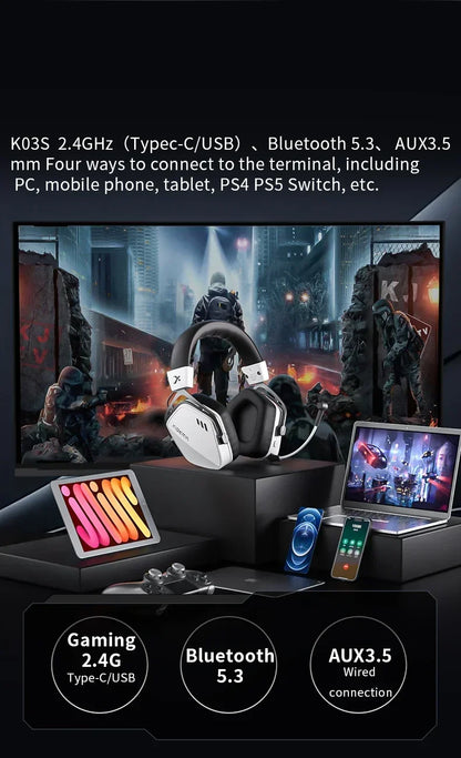 XIBERIA Wireless Gaming Headphones K03S Pro 7.1 Surround Sound 2.4GHz 4 Mode Headsets Gamer 2000mAh Battery Low Latency IEM