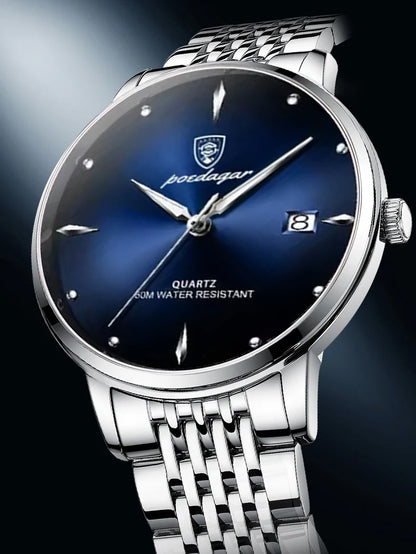 Relógio de pulso masculino POEDAGAR Business Quartz, aço inoxidável, resistente à água, data iluminada, relógio de pulso de luxo casual para homem