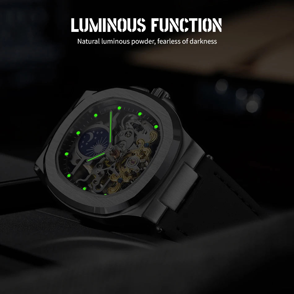 2025High-end Luxury SKROX Square Man Watch Sapphire Tourbillon Steel Skeleton Moon Phase Automatic Movement Leather Male Watches